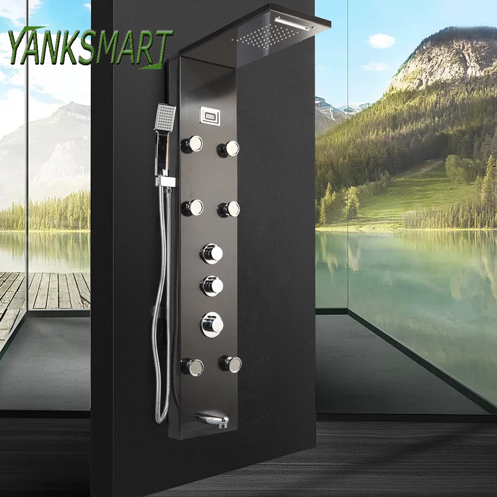 

YANKSMART Brushed Nickel Shower Column Bathroom Rainfall Shower Panel Faucets Bathtub Jets Hand Showers Wall Mounted Tap