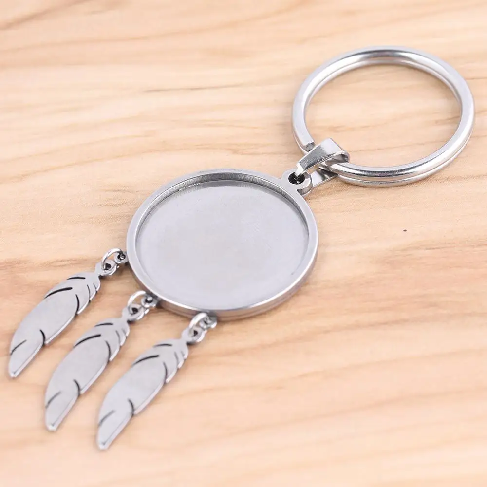 2pcs Fit 25mm Cabochon Keychain Base Setting Blank Trays With Feather Charms Diy Stainless Steel Key Chain Keyring Findings