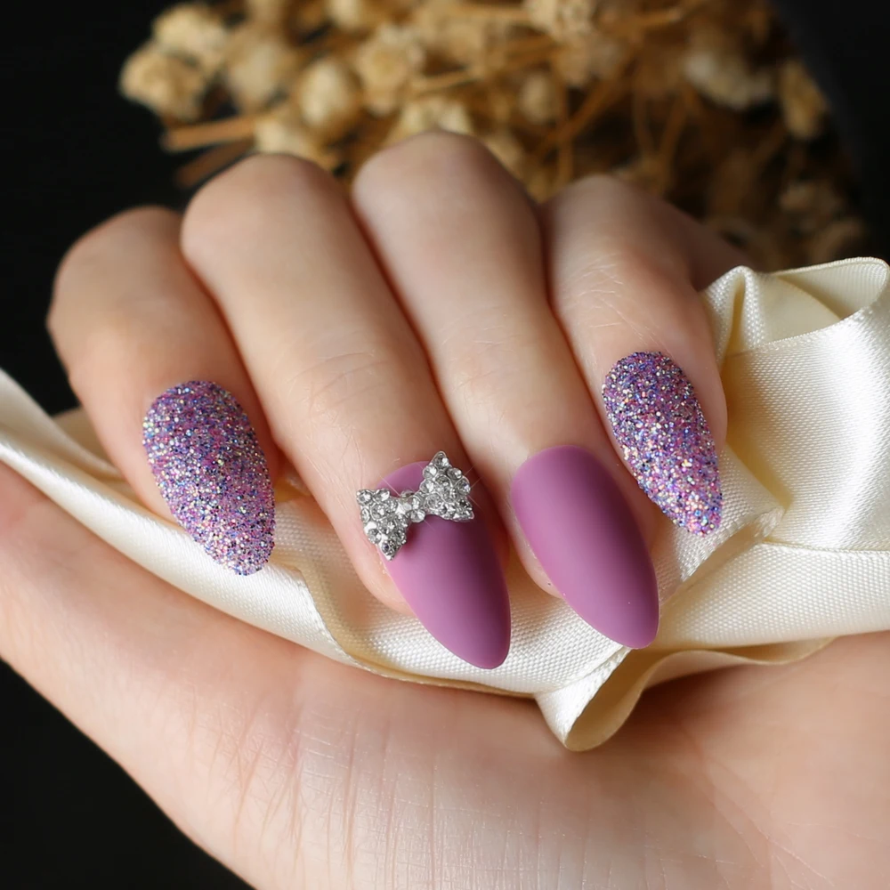 

Stiletto Matte violet Glitter MIX DIY nails purple False nails wedding Nails Butterfly 3D bowknot flowers 24pcs full set