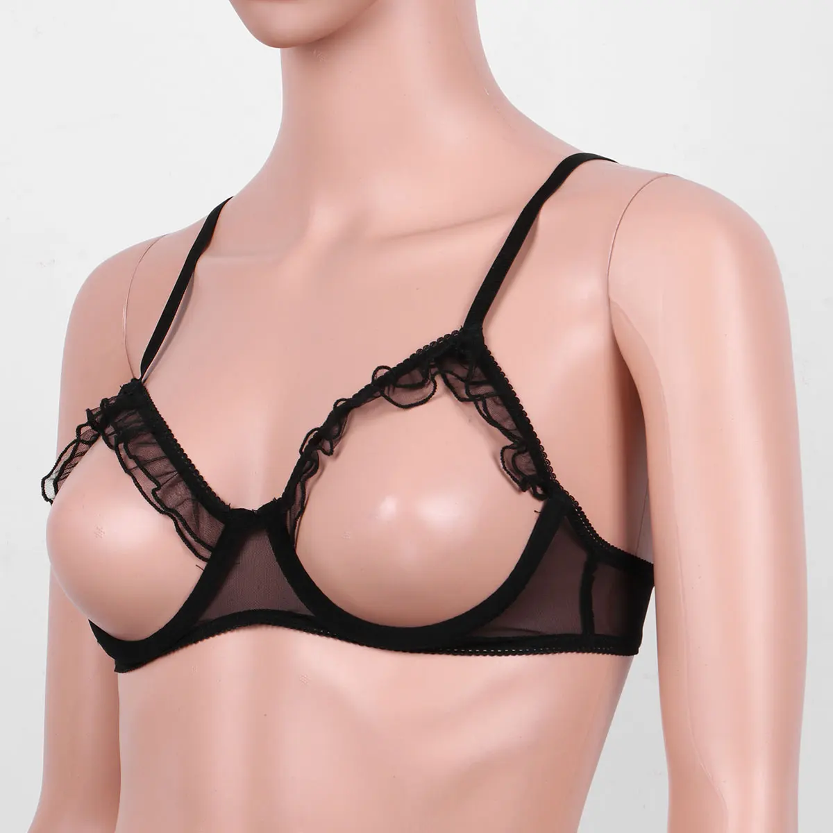 Soutien-gorge à armatures pour femmes, bonnet ouvert, lingerie en maille transparente, bretelles spaghetti, poitrine nue, haut à volants, 7.0