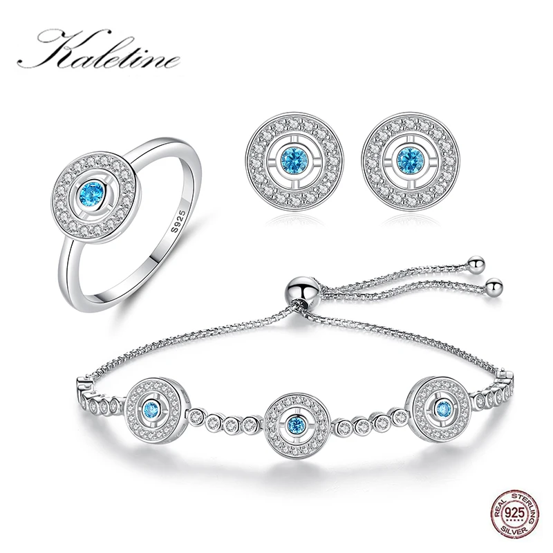 KALETINE Evil Eye Hamsa Bracelet Earrings Ring Sets 925 Sterling Silver Jewelry Sets For Women Round Blue Zircon Tennis Bracelet