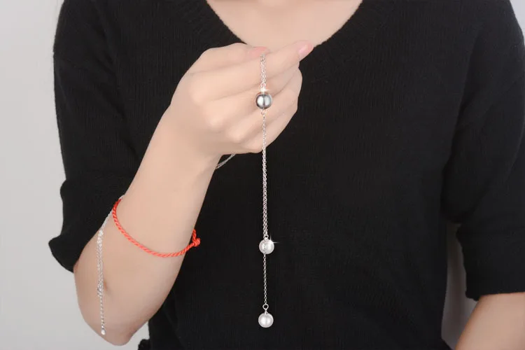 Simple Fashion 925 Sterling Silver Necklace Ball Beads Pearl Sweater Long Chain Necklaces For Women choker collares