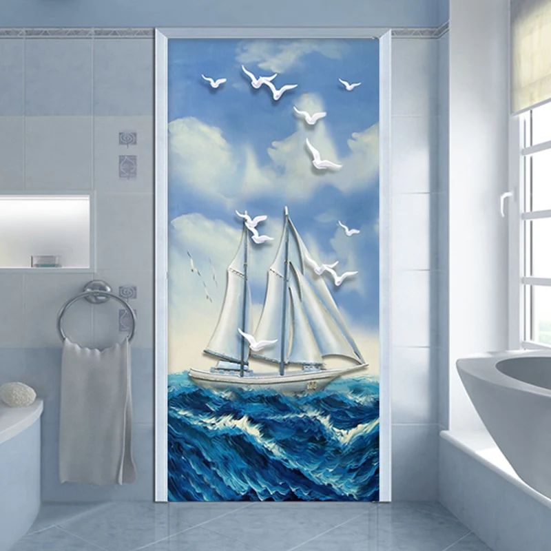 PVC Self-Adhesive Waterproof Door Sticker 3D Stereo Sea Pattern Oil Painting Door Decal Living Room Bathroom Door Stickers
