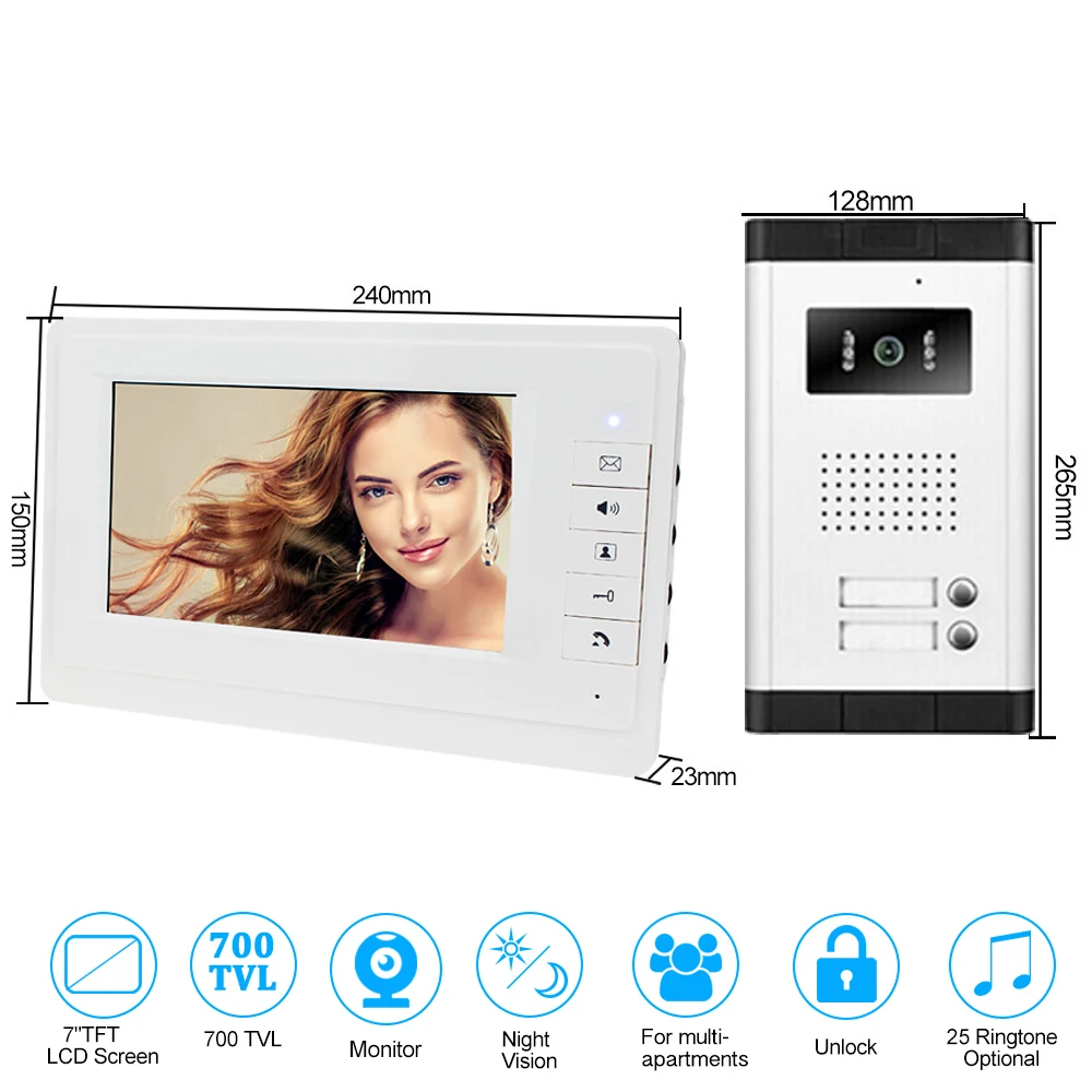 2/3/4 Apartments Wired Video Intercom System Video Door Bell for Home 7 Inch Color Video Door Phone Kit IR Night Vision Camera