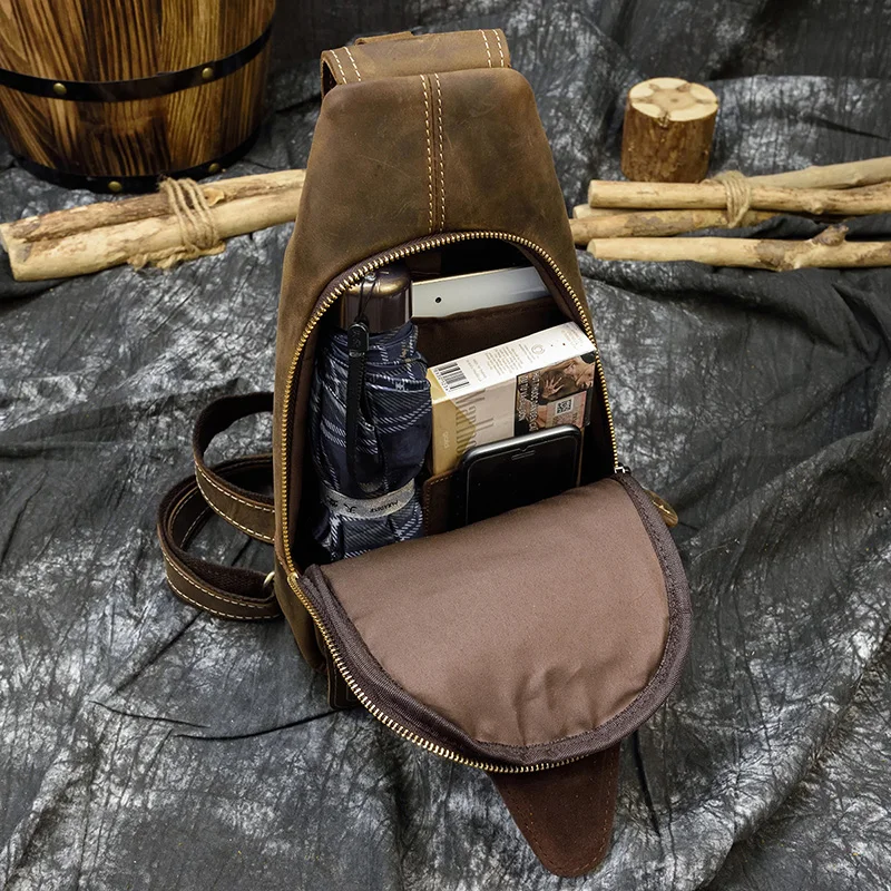Luufan Men\'s Genuine Leather Chest Pack Sling Bag For Men Casual Travel Shoulder Bags Leather Messenger Bag Retro New 2021