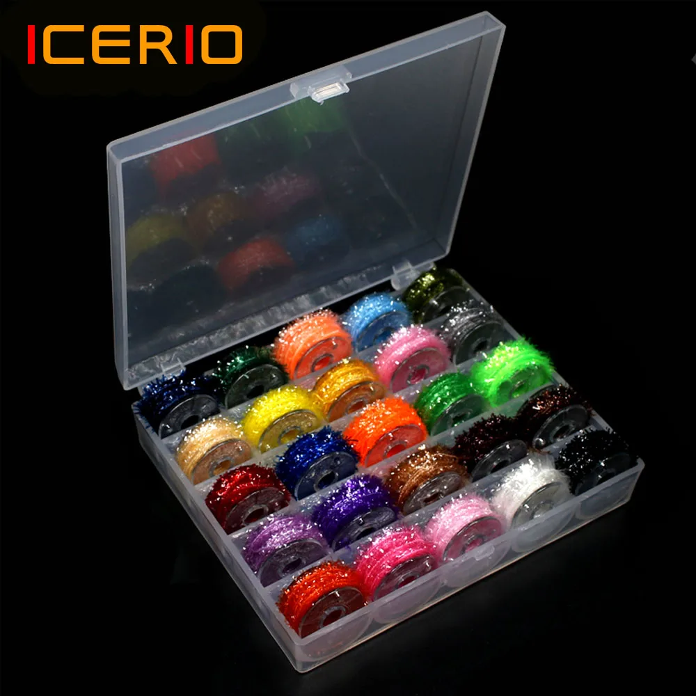 ICERIO-carrete de atado de moscas, 25 colores, 5m, Material de chenilla de oropel para señuelos de Streamer, fibra de doblaje de Flash de cristal/Material de Hackle flexible