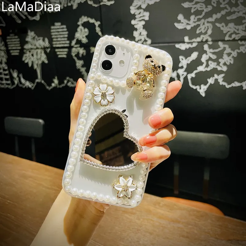 Rhinestone Love Heart Phone Case, Mirror Bling, Pearl, for Samsung S22, S20, S21, S23, S10 Plus, Note20 Ultra