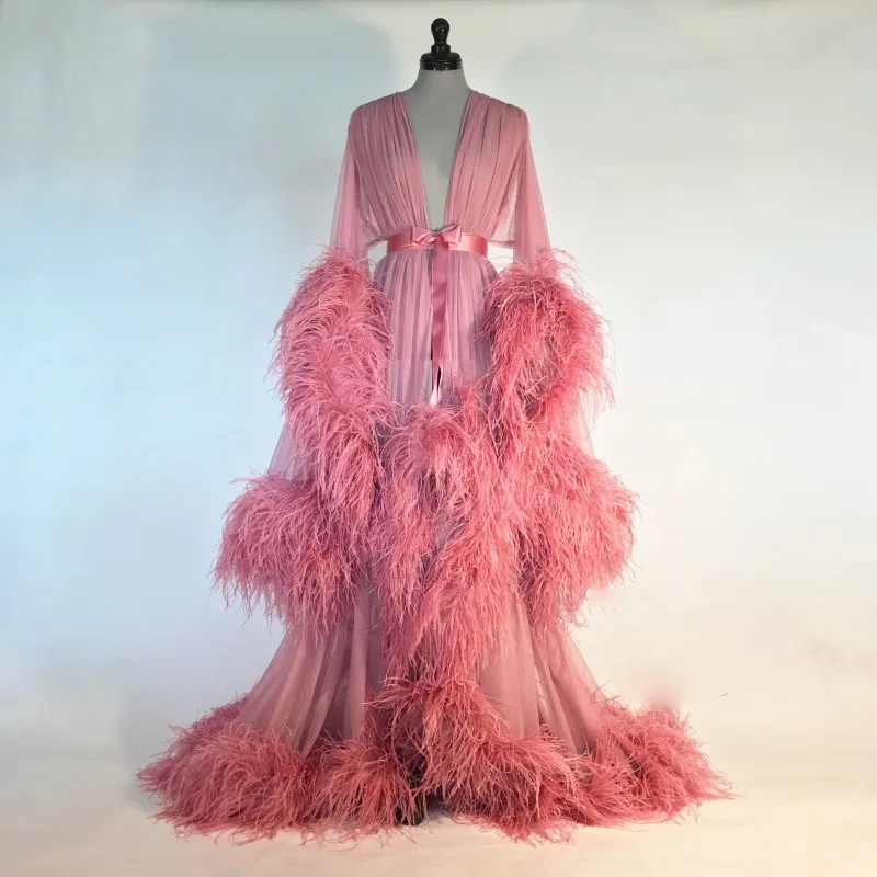 Bathrobe for Women Pink Feather Full Length Lingerie Nightgown Pajamas Sleepwear Women\'s Luxury Gowns Housecoat Nightwear