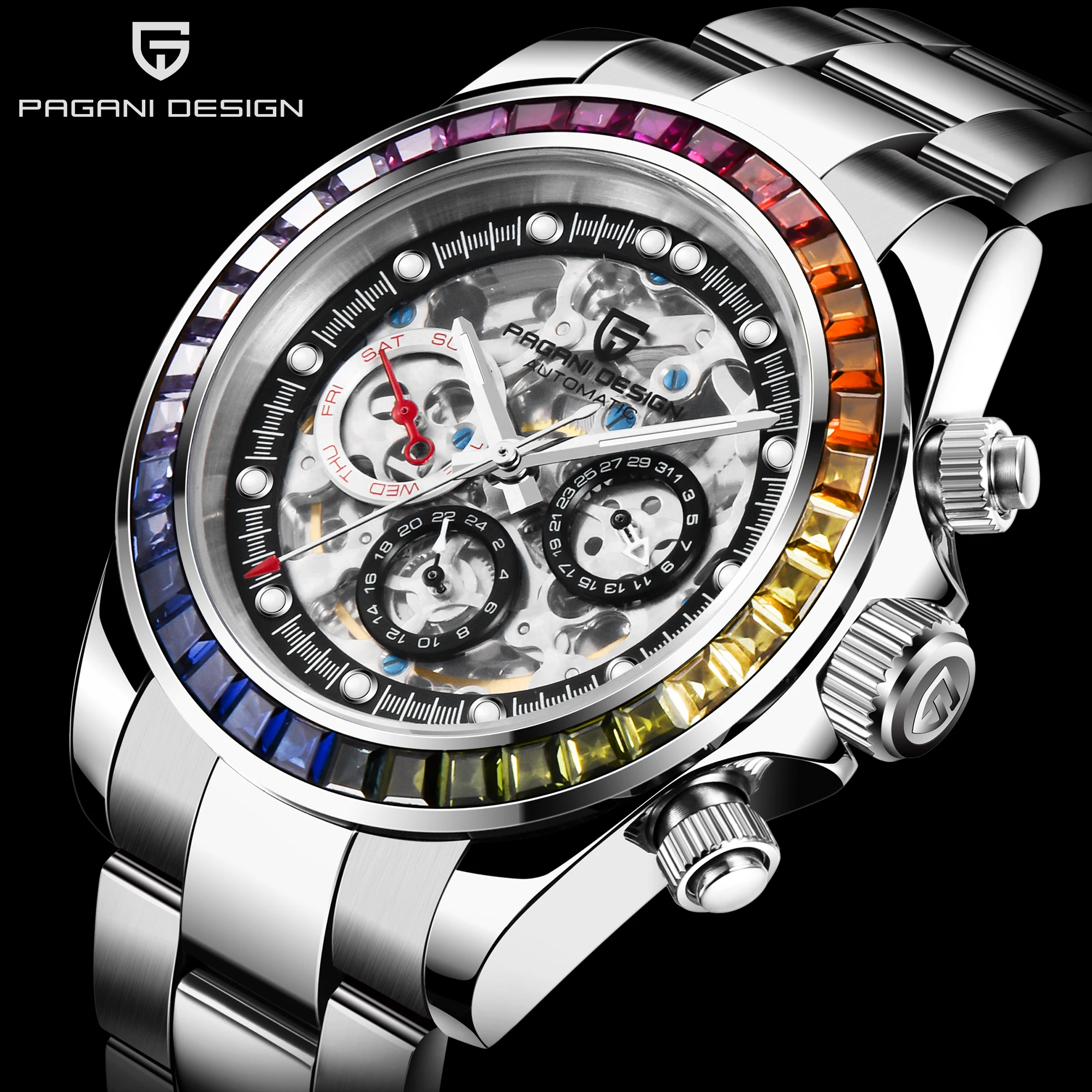 PAGANI DESIGN brand luxury Rainbow circle Automatic Watch men  skeleton Mechanical Wristwatch men Stainless Steel diver clock