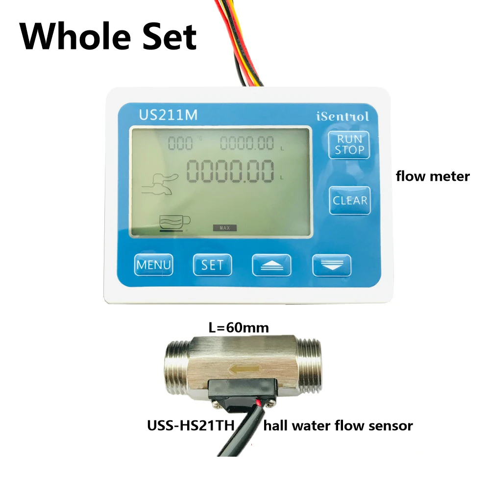 US211M Digital Water Flow Meter and USS-HS21TH SUS304 Stainless Steel Sensor1-30L/min Hall Water Flow Sensor Reader Dijiang