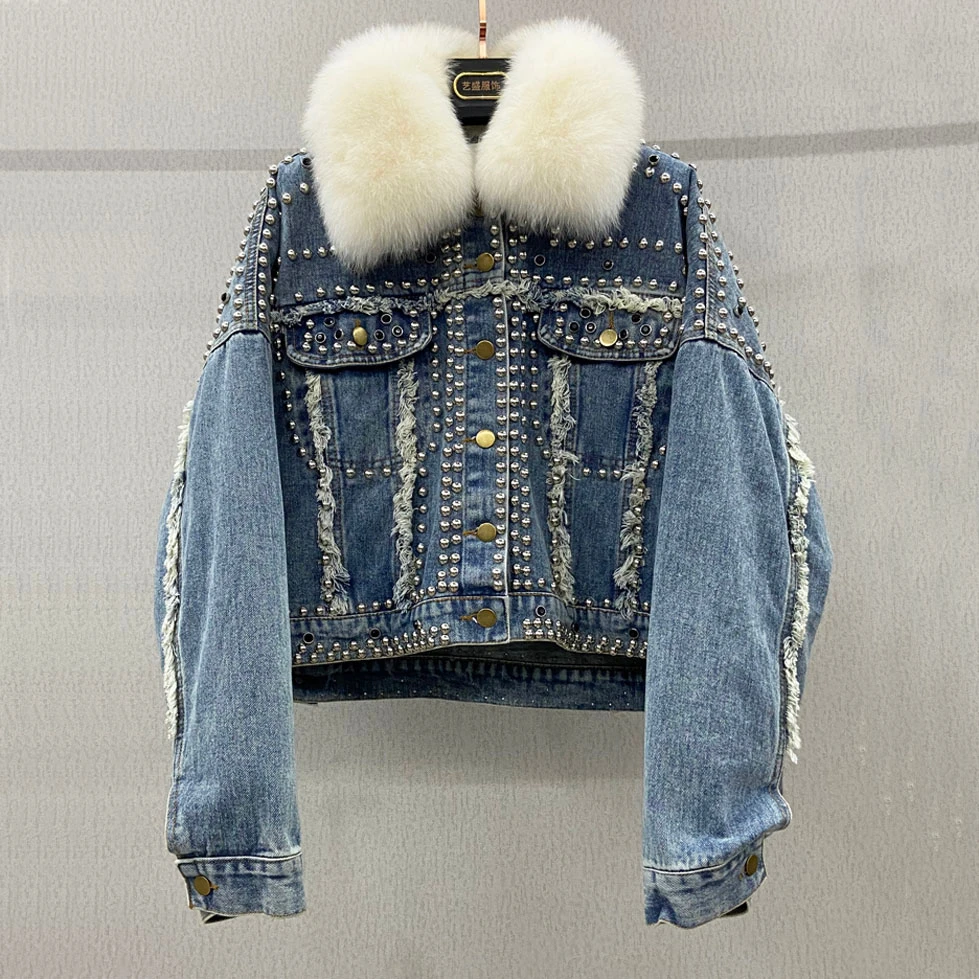 2021 New Short Down Denim Jacket Women\'s Detachable Liner Style Oversized Real Fur Collar Rivet Coat Female Coat Chaqueta Mujer