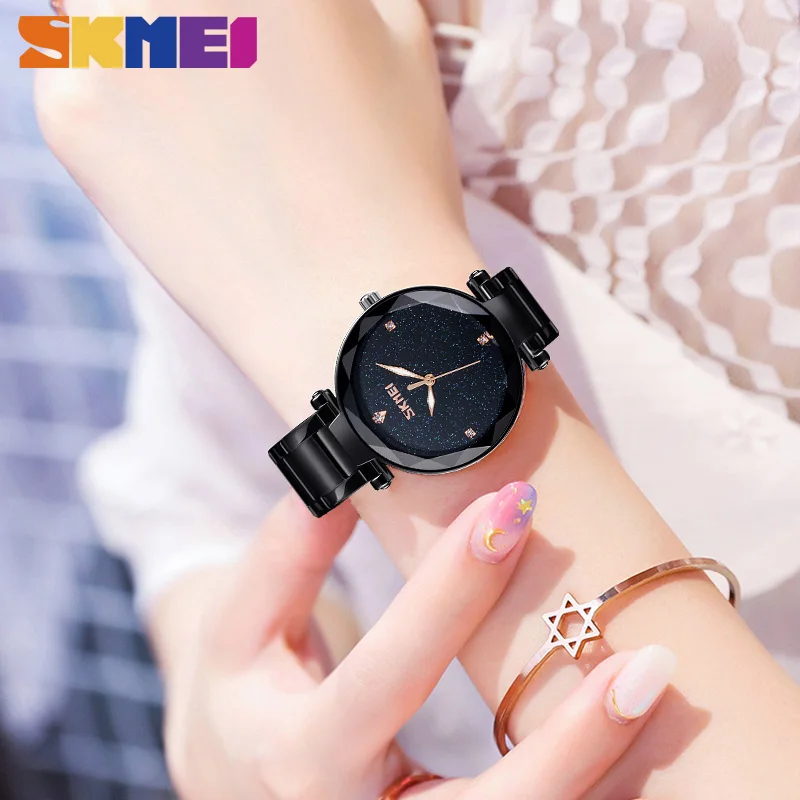 SKMEI Fashion Women Quartz Watch Starry Sky Dial Stainless Steel Band Elegant Analog Ladies Wristwatch Relogio Feminino 9180