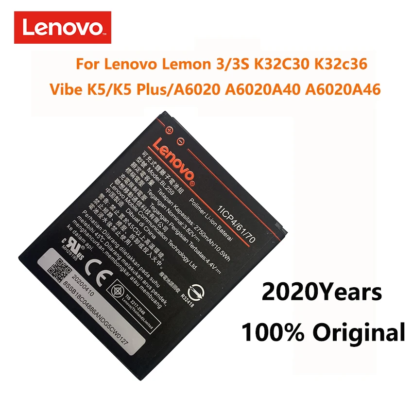 100% Original New BL259 2750mAh Battery For Lenovo Vibe K5 /  Plus A6020 A6020A40 A6020A46 Lemon 3 3S Phone Batteries Bateria