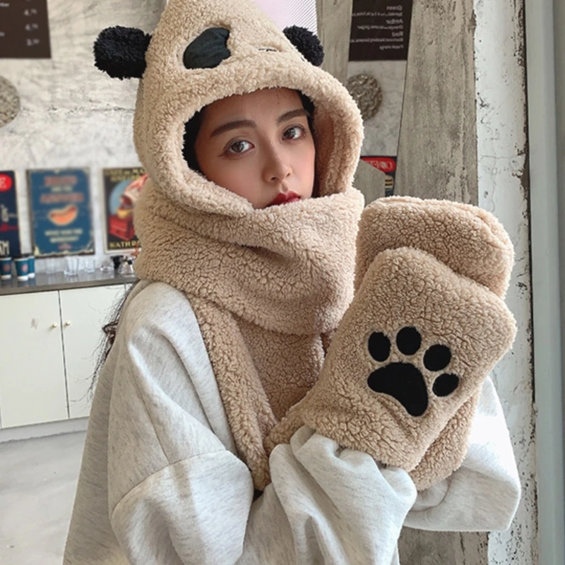 Cute Panda Hat Scarf Gloves 3-piece Set Plush Fluffy Cartoon Hat Women Winter Animal Paws Windproof Hoodie Cap Scarf Mitten