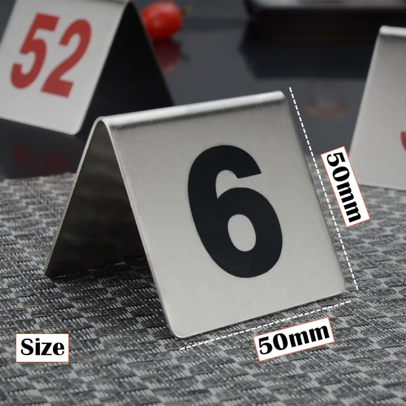 10Pcs Double Sides Stainless Steel Table Numbers 1-50 Signs Plates Restaurant Cafe Bar Place Table Marker Desk Digit Card Holder