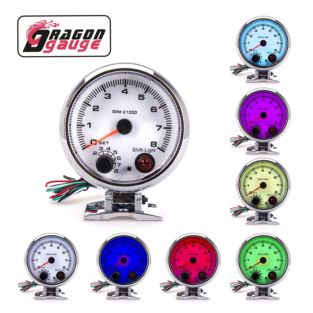 「DRAGON」 3.75 Inch 95MM Car Tachometer RPM Meter Racing 0~8000 RPM 7 Color Lights With Gauge Rack Chrome or Black Optional