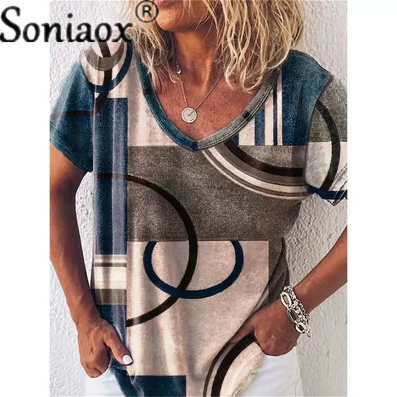 

Fashion Geometric Pattern Print Women T Shirt 2022 New Spring Summer Ladies Tops Short Sleeve V-neck Loose Casual Female T Shirt