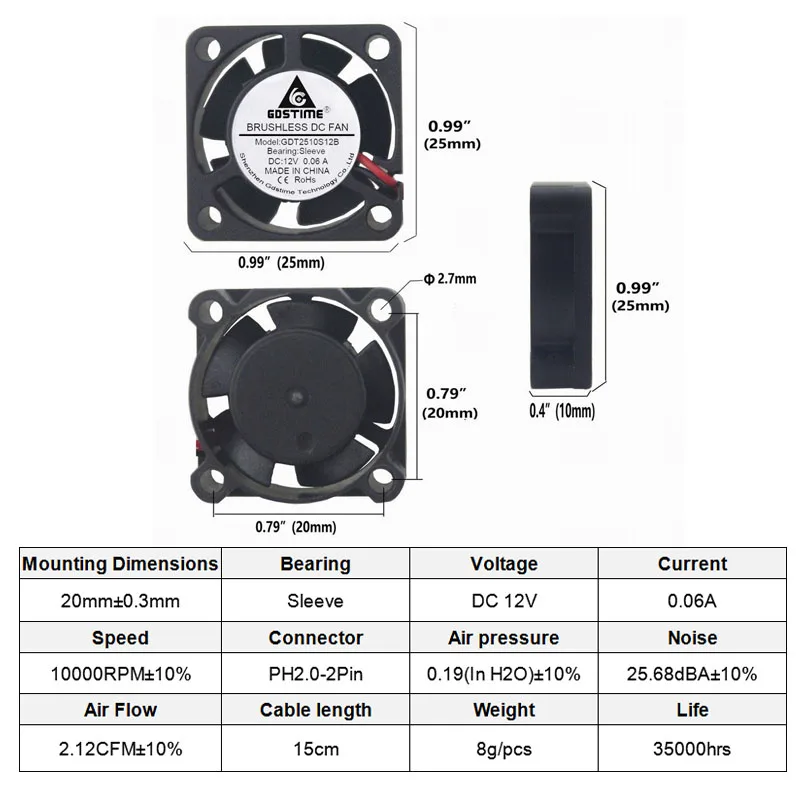 Gdstime 20 pieces 2510 25x25mm 2 Pin 2.0 DC Brushless mini Cooling Fan 12v Chipset Heatsink Cooler 25mm x 10mm