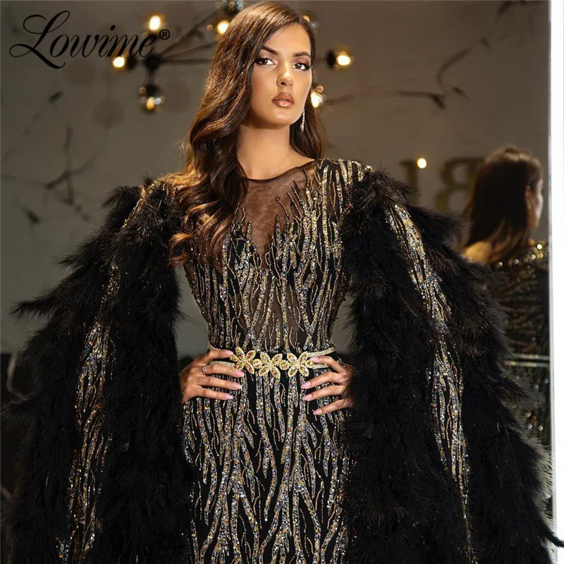 Dubai Black Luxury Glitter Mermaid Evening Gown 2021 O-Neck Cape Long puffy Sleeves For Women Formal Party Dress Prom Dresses