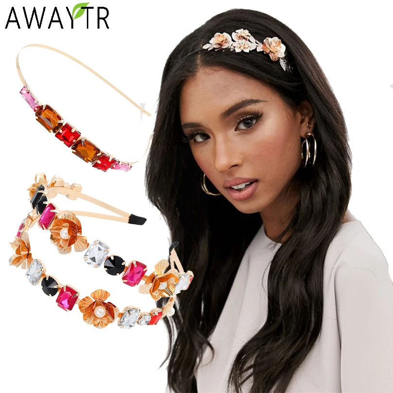 AWAYTR Baroque Jeweled Headband Hair Hoop Women Wedding Bride Flowers Crystal Hairband Rhinestone Bezel Elegant Hair Accessories