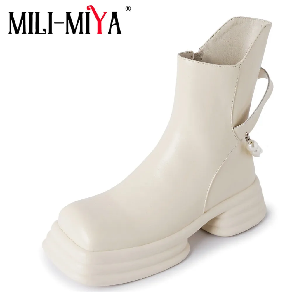 

MILI-MIYA 2022 Newest Genuine Leather Ankle Boots Women Thick Bottom Fashion Casual Autumn Pearl Square Toe Party Casual Shoes