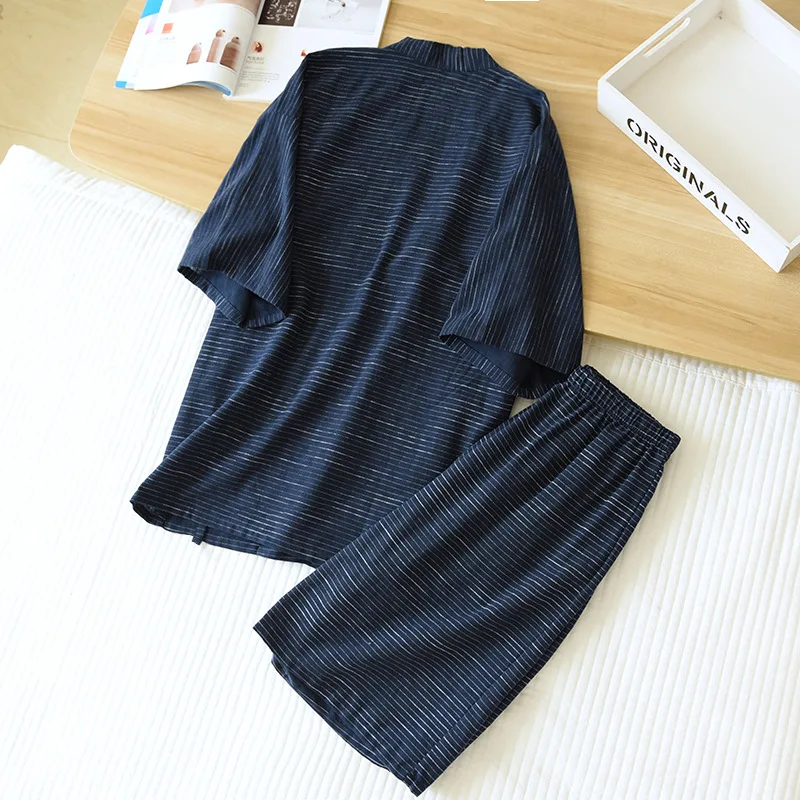 Mens Cotton Pajamas Japanese Kimono Yukata Sets Cardigan Sleepwear Stripe Short Sleeve Summer Loose Yukata Fashion Pajamas 2022