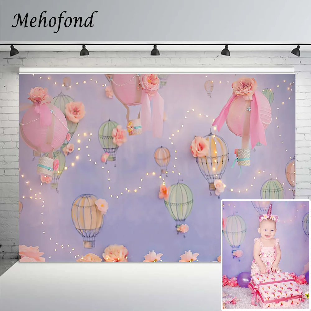 Mehofond Baby Shower Backdrop Hot Air Balloon Pink Flower Photography Background Birthday Party for Girl Photozone Photo Studio