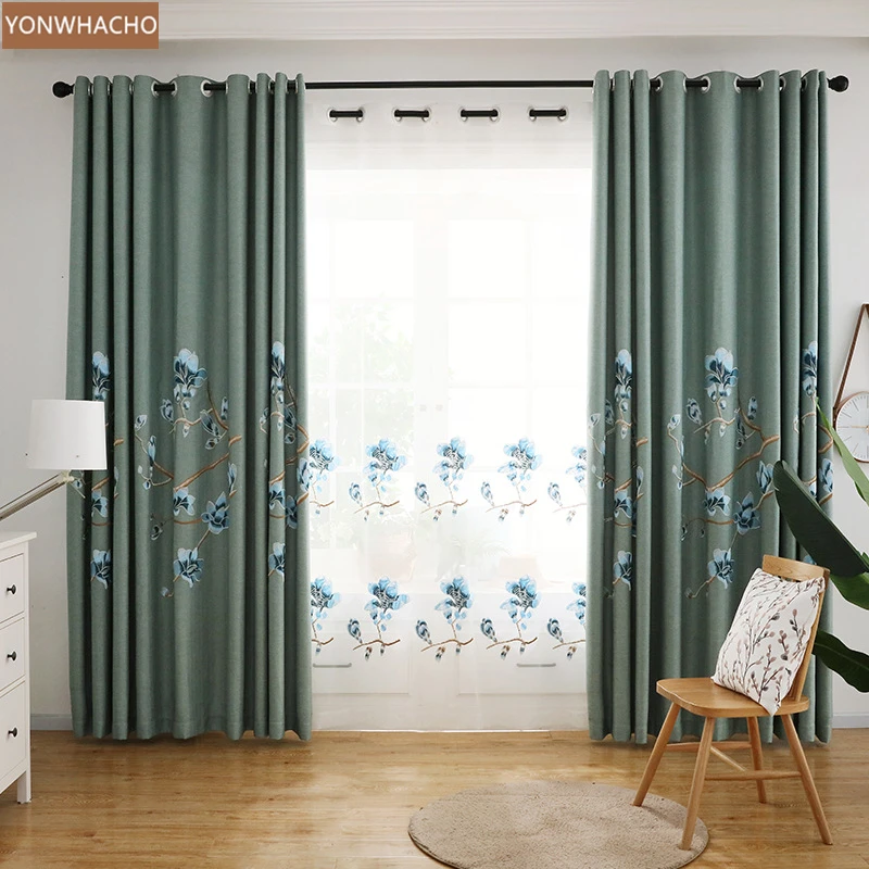 

Custom curtains European elegant living room simple Embroidered blue thick Cotton linen cloth blackout curtain tulle drape B702