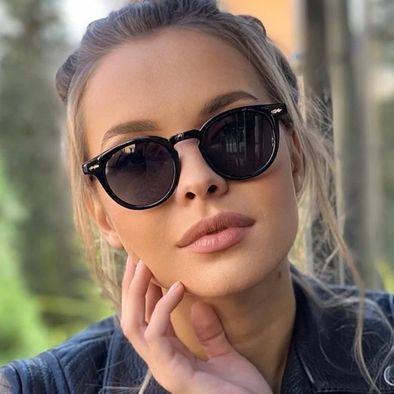 New Round Sunglasses Men Women Small Fashion Vintage High Quality Brand Designer Cat Eye Sun Glasses Hip Pop Black Blue Shadow