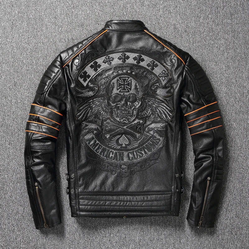 2023 New Skull Embroidery Men\'s First Layer Cowhide Leather Jacket Motorcycle Slim  Oversize Coat