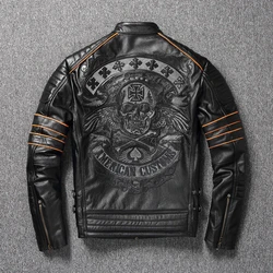 2023 New Skull Embroidery Men's First Layer Cowhide Leather Jacket Motorcycle Slim  Oversize Coat