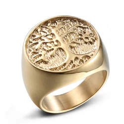 Tree Of Life Signet Ring Gold Stainless Steel Round Jewelry Classic Punk For Men Quality Size 8 To 13