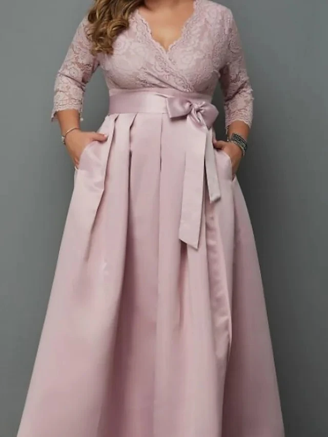 Pérola rosa mãe da noiva vestido 2022 plus size v pescoço superior renda cetim até o chão baile de formatura vestido de festa robe de soiree mariage