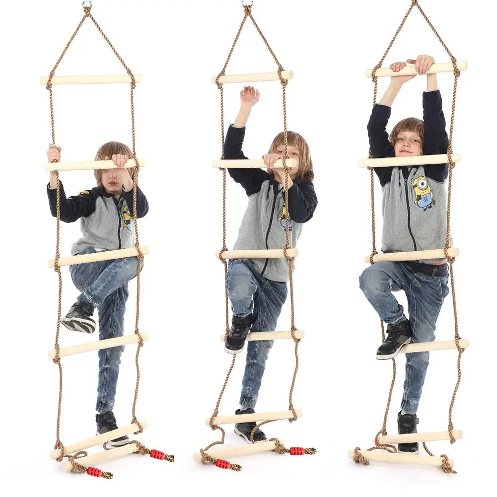 Multi Rungs Wooden Rope Ladder Climbing Toy Kids Safe Rope Swing Interactive Accessories Baby Children Outdoor Sports Play Toys