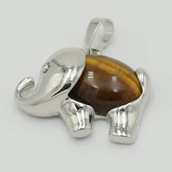 Fashion Silver Color Cute Animal Elephant Natural Stone Crystal Bead Pink Quartzs Tiger Eye Necklace Pendant for Women Men Charm