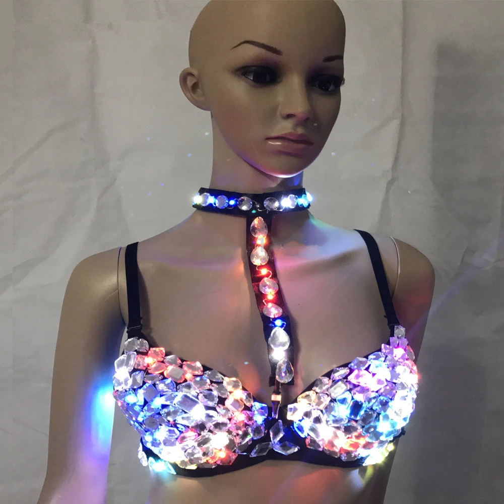 

Female Sexy Silver Sparkling Diamond LED Bra,Handmade Diamond Brassiere Night Club Crystal Bras Bikini Ballroom Dancing LED Bras