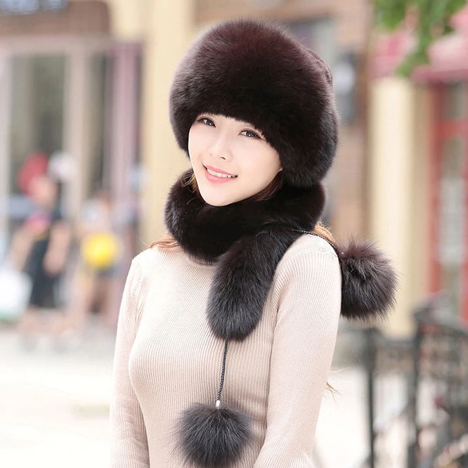 Imitation Fur Hat Snow Hat Autumn Winter Imitation Fox Fur Hat Scarf One Body Warmth Women\'s New Versatile Girl Outdoor Coffee