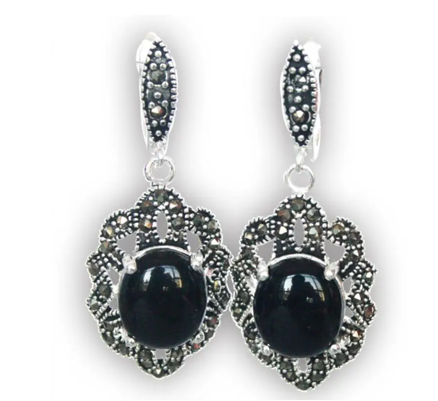 

Hot Sell Natural Black Natural Stone Chunky Gems 925 Silver & Marcasite Earrings 11/2"