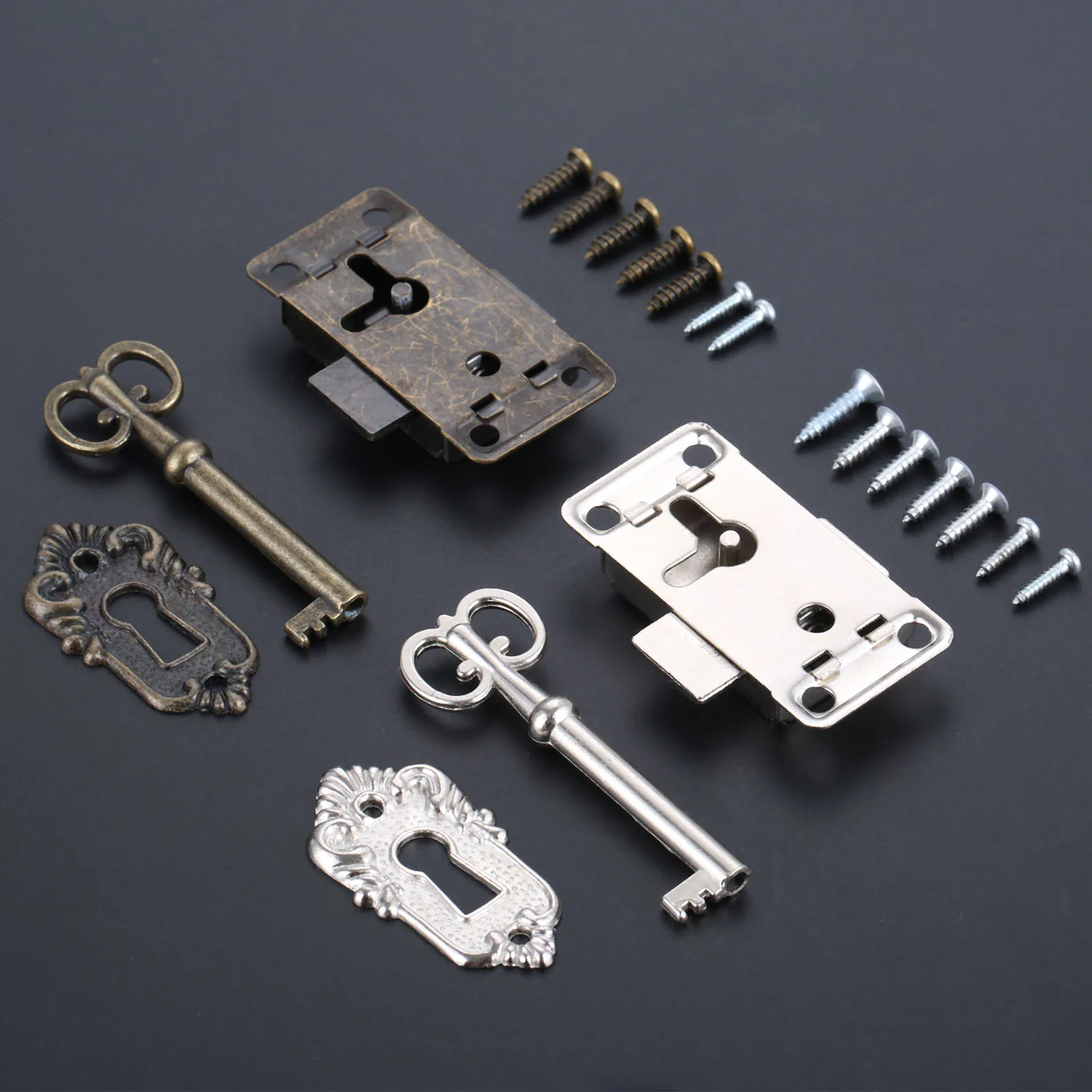 DRELD cerradura de Puerta de Hierro antiguo, cajón, joyería, caja de madera, armario, cerradura de puerta, llave, herrajes para muebles, Plata/negro