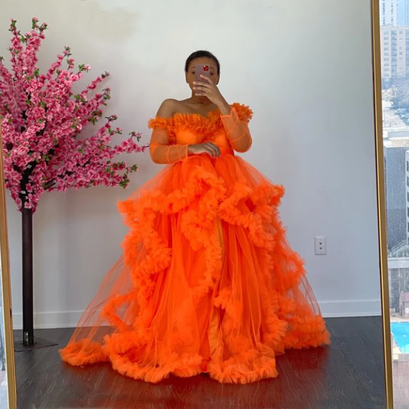 

Fluffy Tulle Maternity Evening Dress Off the Shoulder Ruffled Photoshoot Women Long Sleeve Robes Photography Dresses Robe