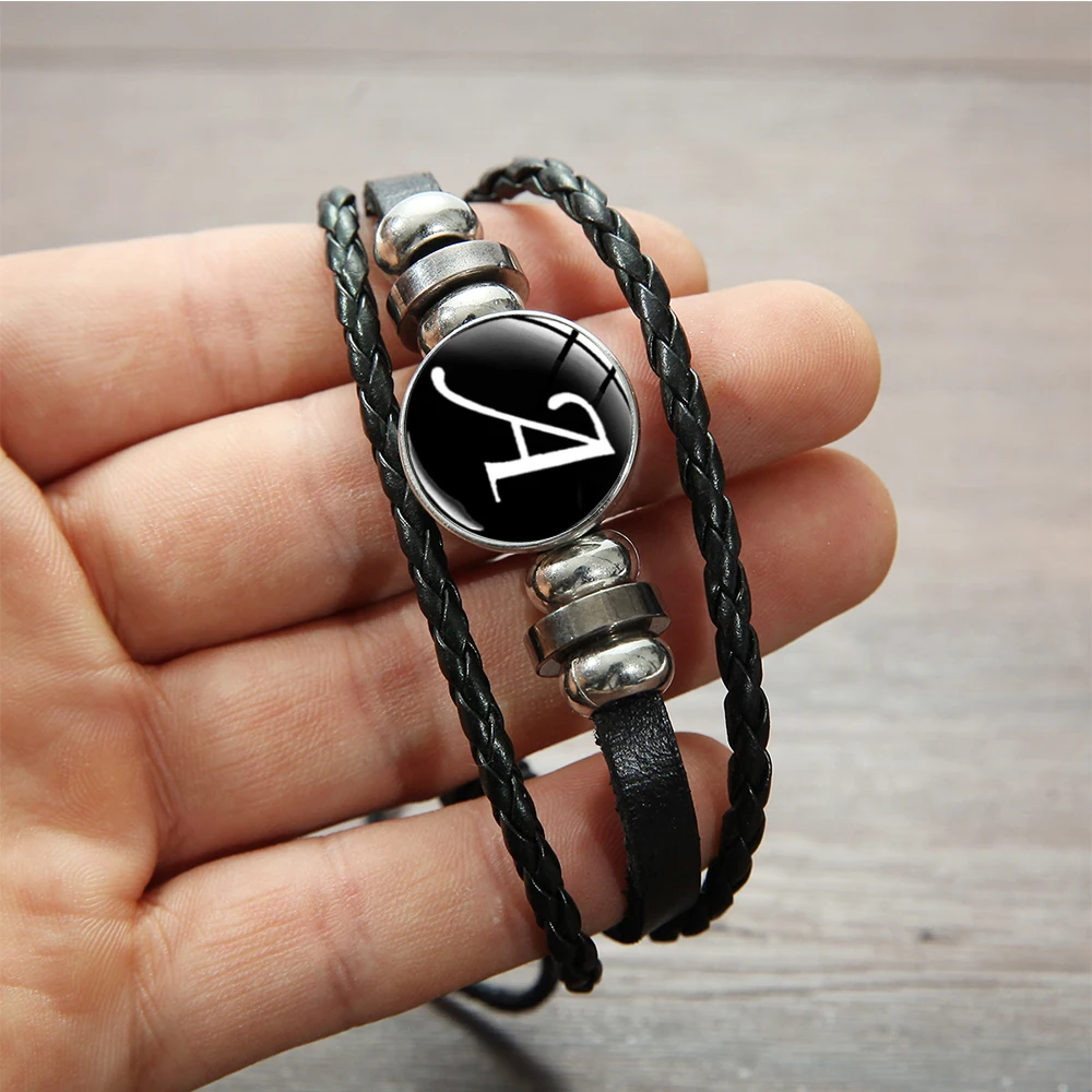 26 Letter A-Z Glass Snap Metal Bead Bracelet Men's ID Name Friendship Black Braided Women Hand Leather Bracelet Kids Family Gift