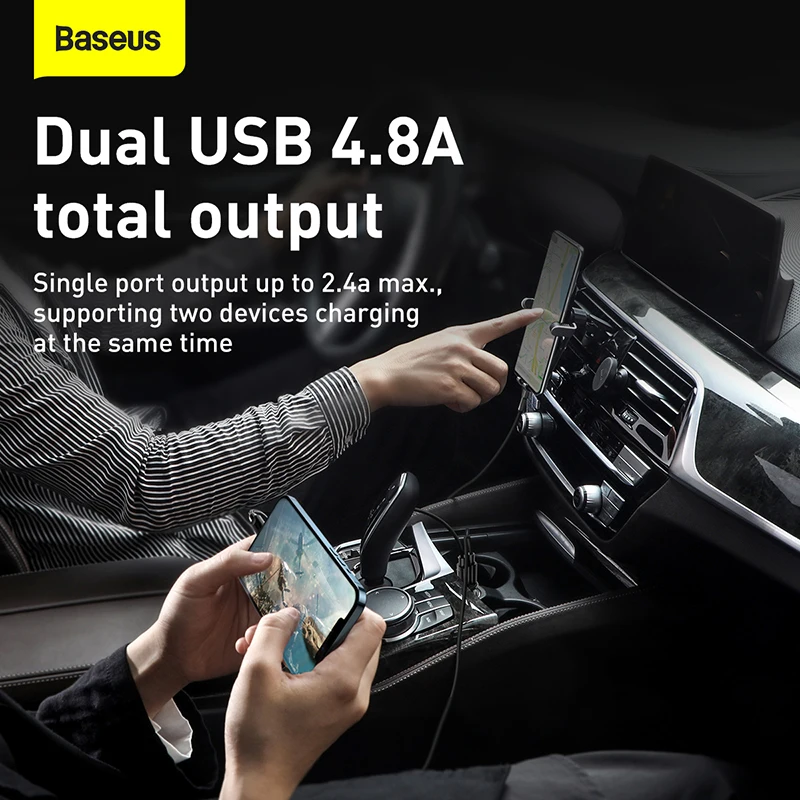 Baseus Mini Dual USB Car Charger 4.8A Fast Charging 2 Port USB Phone Auto Charger Adapter for Mobile Phone Tablet Car Charge