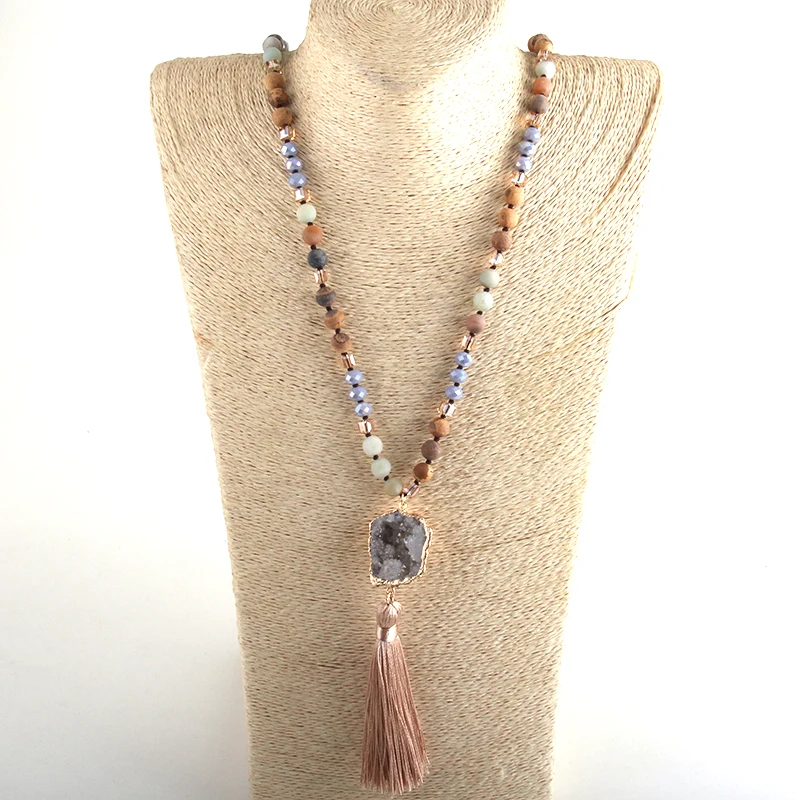 Fashion Boho Jewelry Natural Stones Long Knotted Necklace Druzy Stone Charm Tassel Necklaces