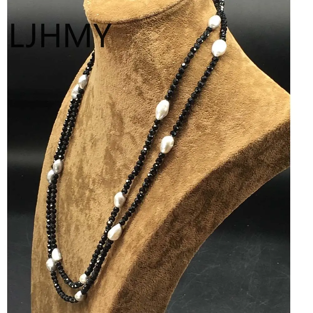 String Black Onyx Faceted Sparking  Real Freshwater Pearl Necklace Long 50 Inches  Punk  Layered Custom Necklace Women