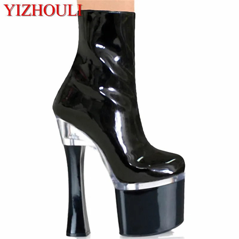 

18cm New arrived Autumn and winter fashion PU leather thick high heel shoes sexy black platform pumps ankle boots ladies