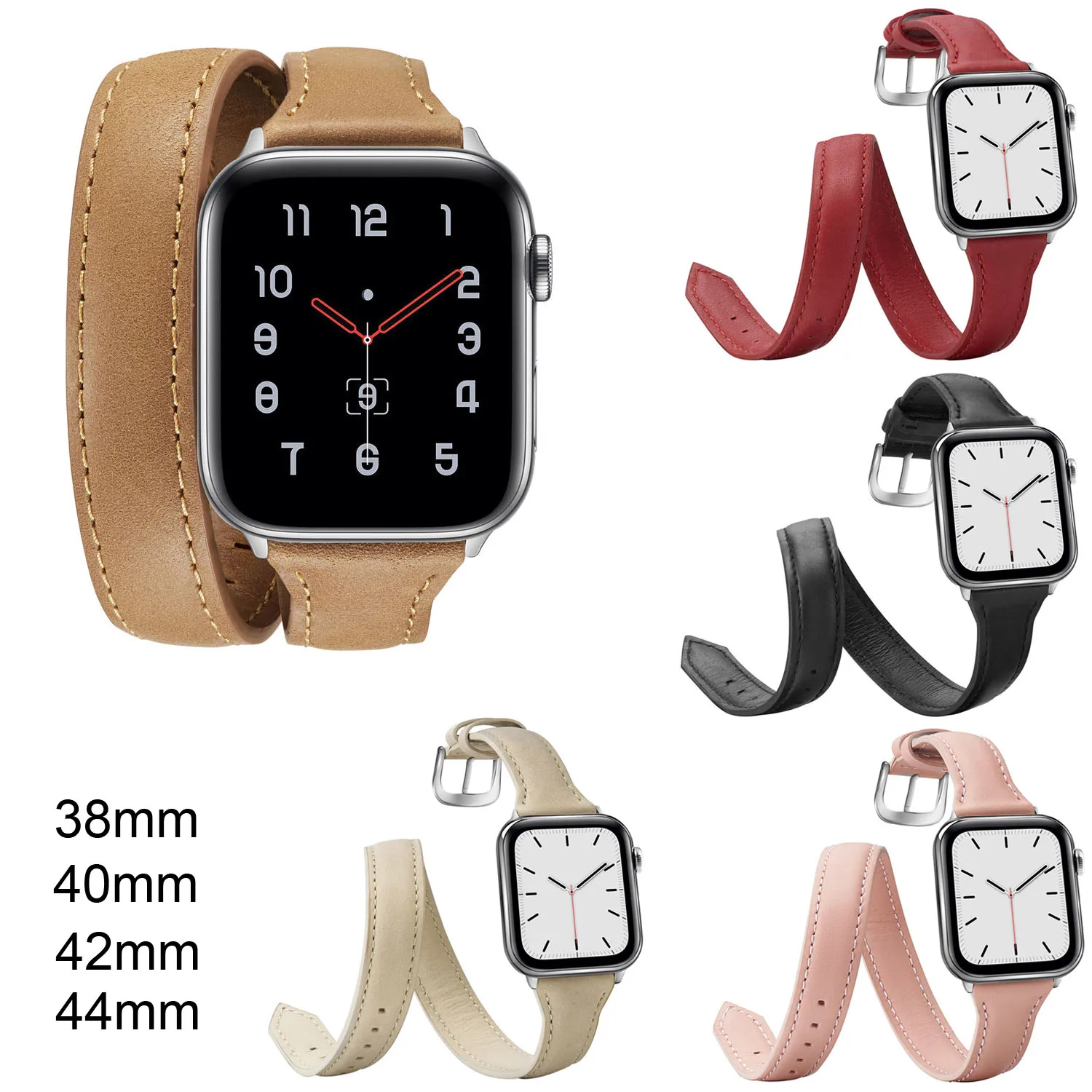 Double Tour Band for Apple Watch iWatch 40 44mm 38 42mm Extra Long Cowhide Leather Strap Bracelet For Series 6 5 4 3 2 Watchband