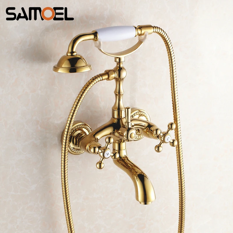 Classic Popular Gold Brass Bath Shower Faucet Mixer Tap Wall-Mounted Copper Dual Handle Golden Bath tub Faucet Set SF1072