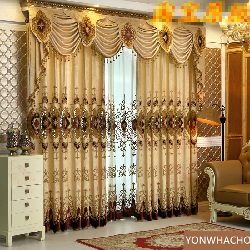 Custom curtains New European water-soluble embroidery living room bedroom beige cloth blackout curtain valance tulle panel C017