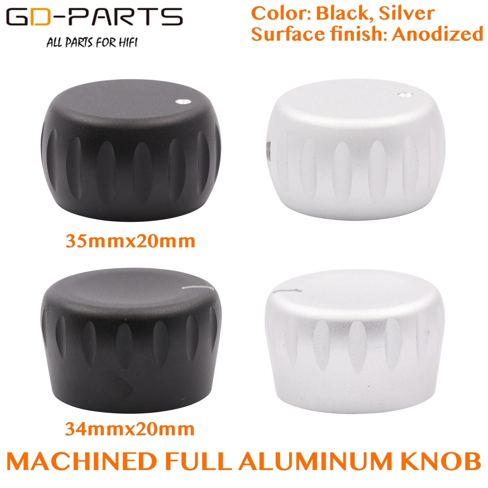 

Machined Full Aluminum Volume Potentiometer Knob with set screw 6mm shaft hole Diameter 34mm 35mm Height 20mm Black silver 1PC