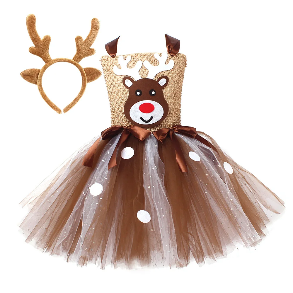 

Girls Reindeer Christmas Costume Kids Rudolph Deer Tutu Dress with Headband Children Birthday Party Dress Up Animal Outfit